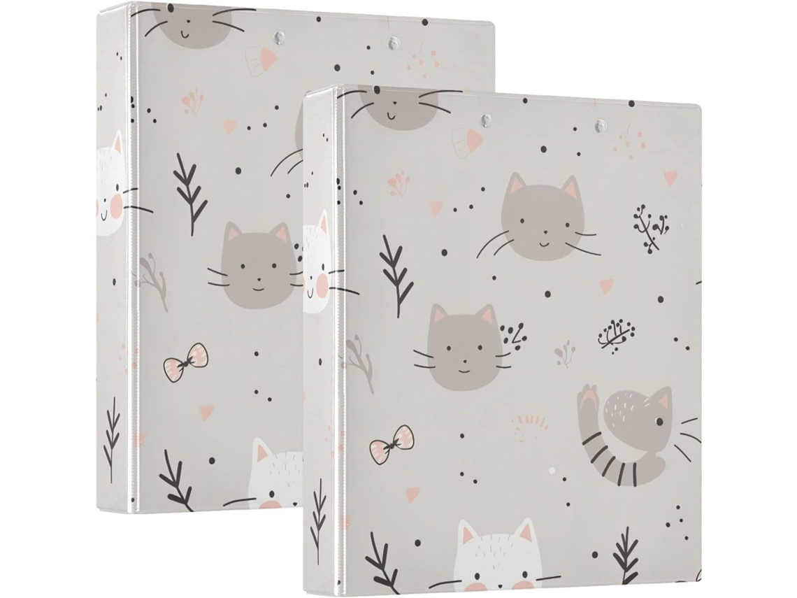 Pasta escolar com estampa animada de gato cinza, 3,8 cm x 1,5 polegadas, 3 argolas com bolsos internos, embalagem