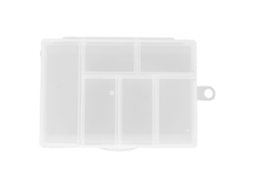 Caixa organizadora transparente com 6 compartimentos para joias, artesanato e projetos DIY.