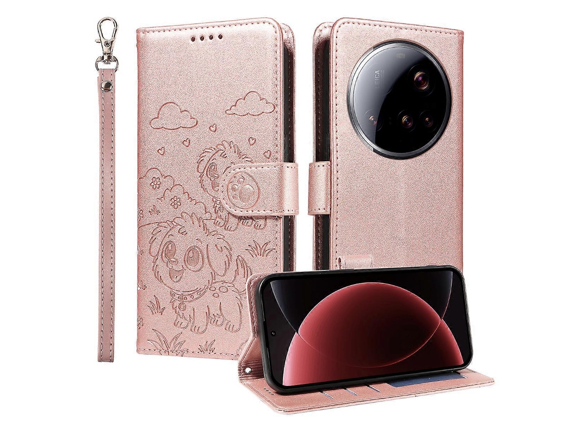 Capa Tkdaddy Para Xiaomi 15 Ultra Com Bloqueio Rfid E Estampa De Cachorro Em Couro Pu Com Alça De Pulso Rosa
