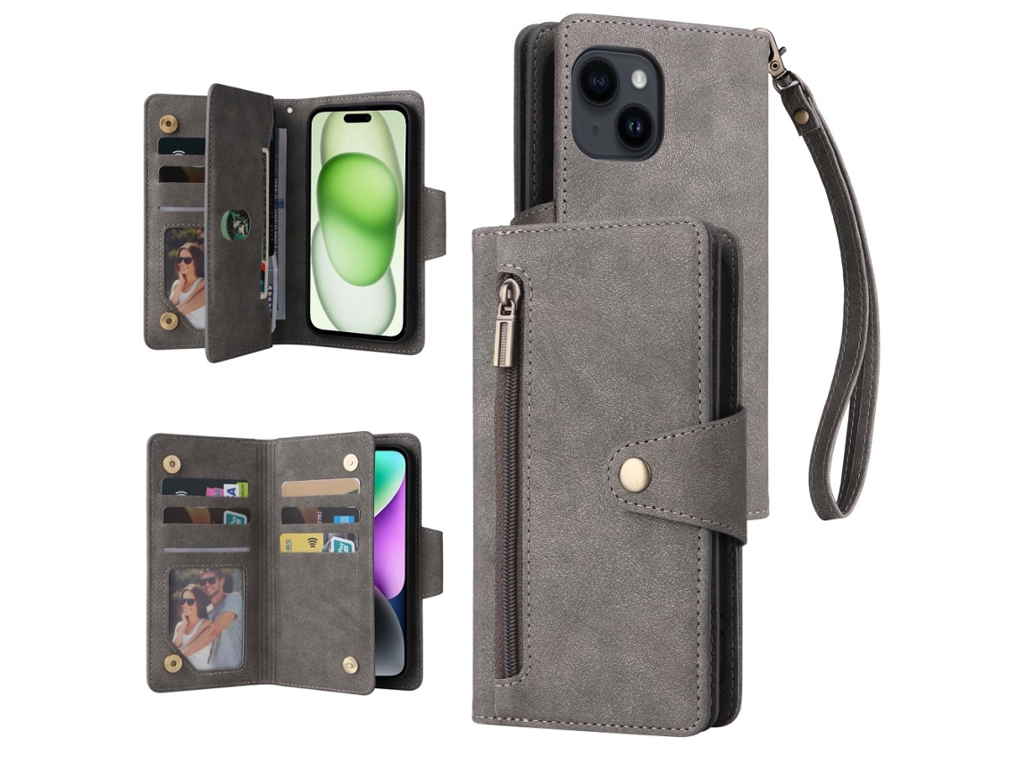 Capa Para Iphone 15 Plus Pele Sintética Cinzento
