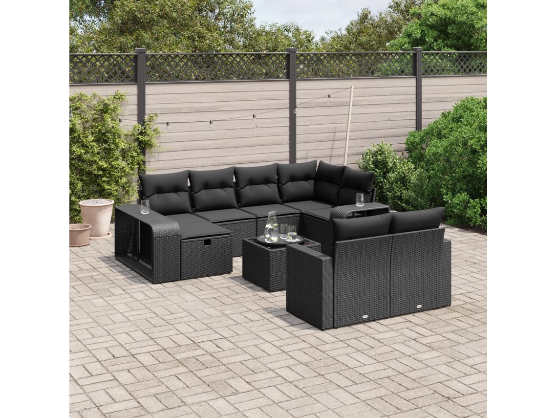 Vidaxl 11 Pcs Conjunto Sofás De Jardim C/ Almofadões Vime Pe Preto
