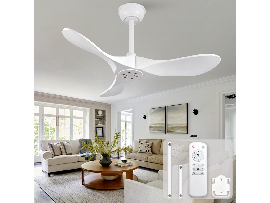 Ventilador De Teto Branco 36 Polegadas Sem Luz, Três Pás De Madeira, Controlo Remoto E Seis Velocidades Reversíveis