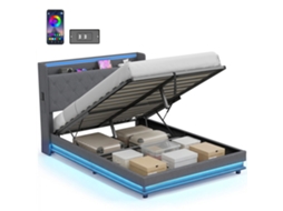 Cama de Casal VISTA 140x190cm com Arrumação, Iluminação Led, Estação de Carregamento, Linho Cinza