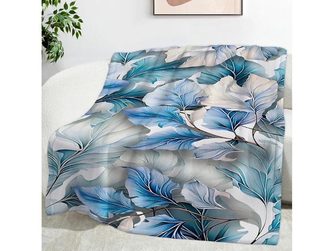 Manta Folha Azul Planta 220x240 Cm Multifuncional Macia de Flanela Aconchegante para Cama Escritório Cochilo F