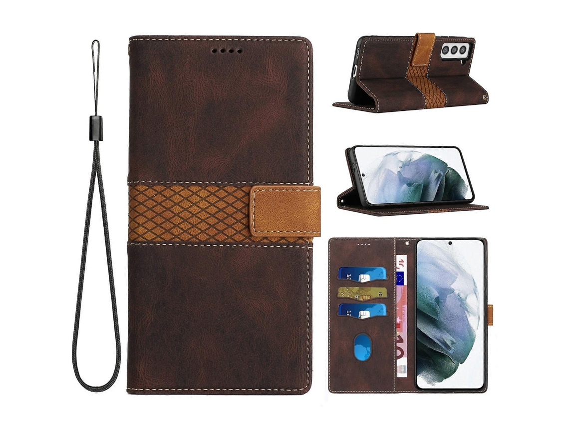 Capa De Couro Para Celular Com Costura Em Grade E Cordão