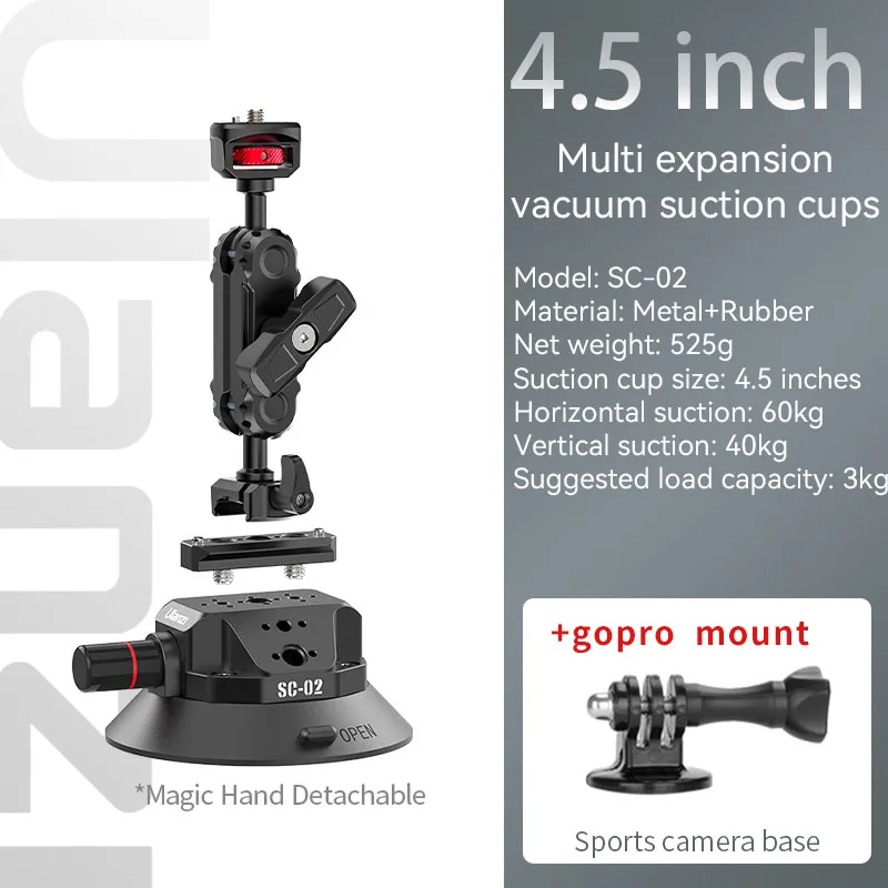 Kit de suporte com ventosa para carro de 4,5 polegadas, para celular e câmera de ação GoPro/Insta360/DJI, braço mágico giratório