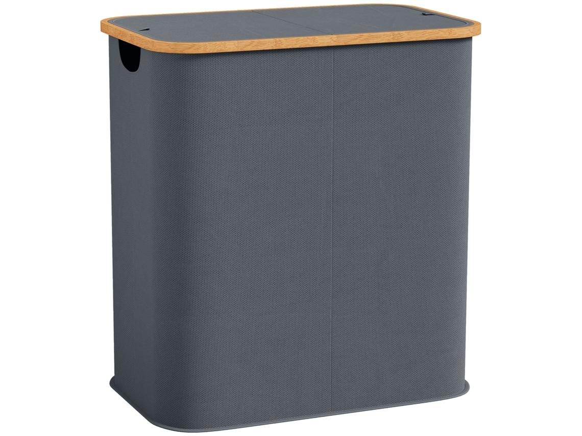 Cesto de Dobrável Roupas Duplas, Cesto de Roupa Suja 80 L com Tampa. Alças Sulcadas. Cinza