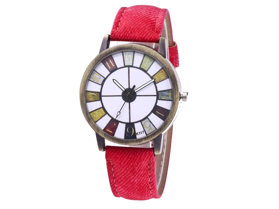 Relógio de pulso unissex casual Zhoulianfa com pulseira de jeans (rosa e vermelho)
