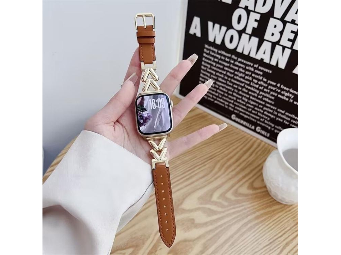 Bracelete para Apple Watch 46/49/45/44mm Híbrida Couro e Metal, Formato V Dourada XIAOMOYU