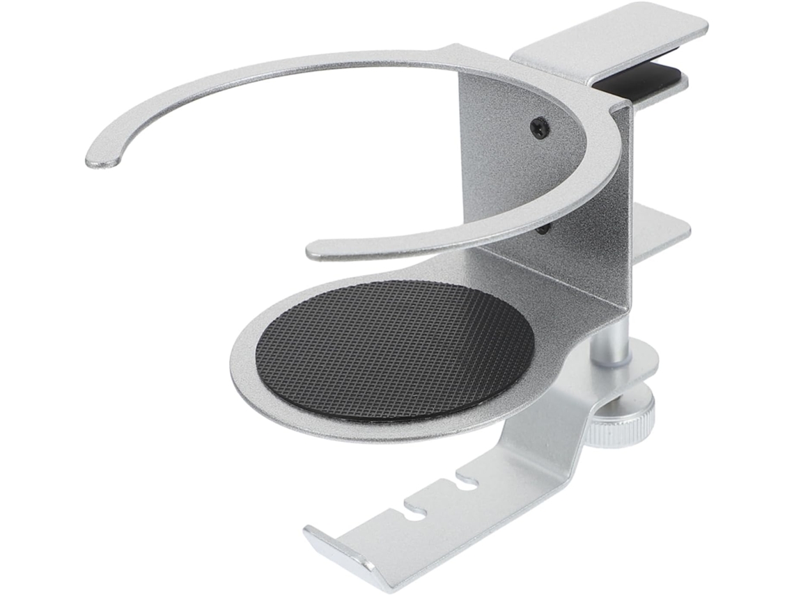 Soporte multifuncional para auriculares de escritorio con clip y portavasos.