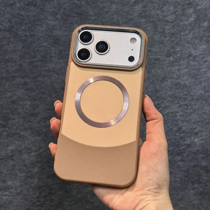 Capa Protetora Magnética (cáqui Para Iphone 14), Acabamento Em Couro Patchwork, Capa Rígida Fosca.