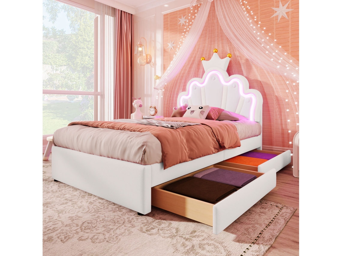 Cama De Solteiro Princess Estofada 90x200cm Com 2 Gavetas E Formato De Coroa Em Pu Branco