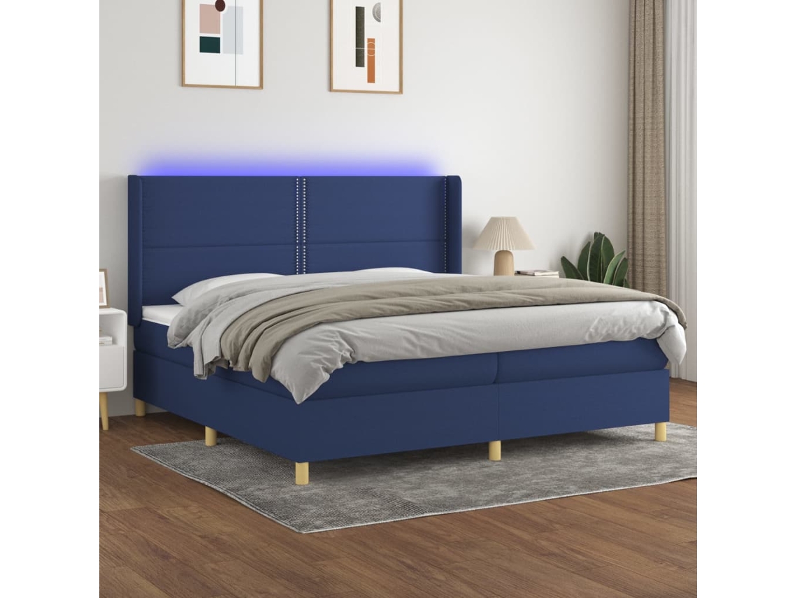 Vidaxl Cama Box Spring C/ Colchão E Led 200x200 Cm Tecido Azul