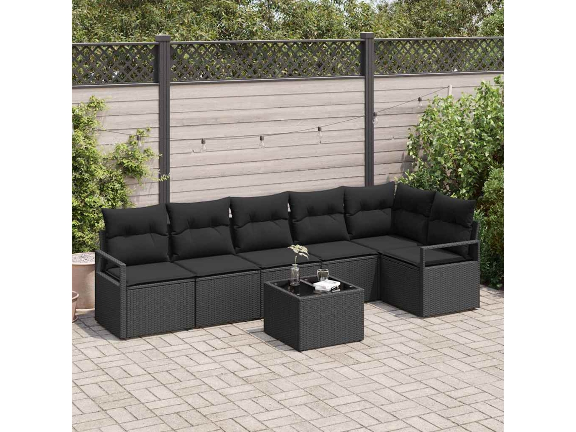 Vidaxl Conjunto De Sofás Com Almofada 7 Pcs Preto Vime Pe