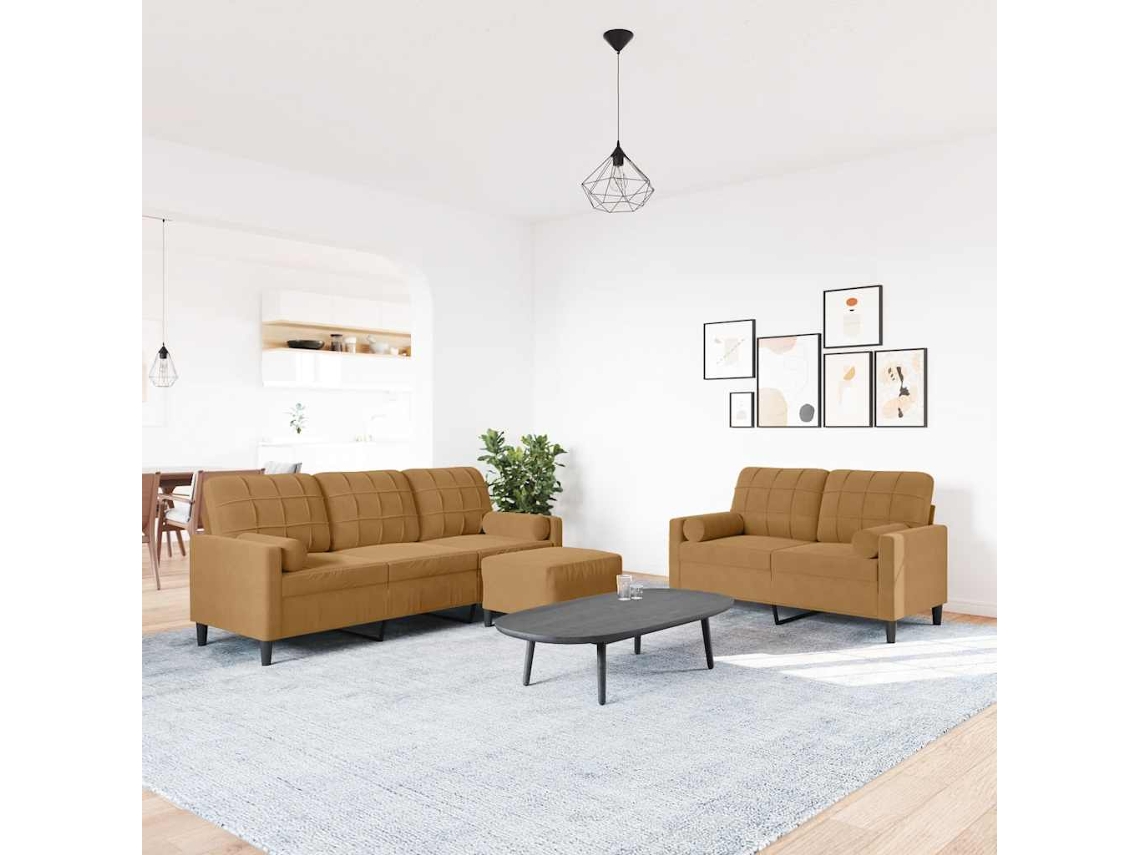 Vidaxl 3 Pcs Conjunto De Sofás Com Almofadões E Rolos Veludo Castanho