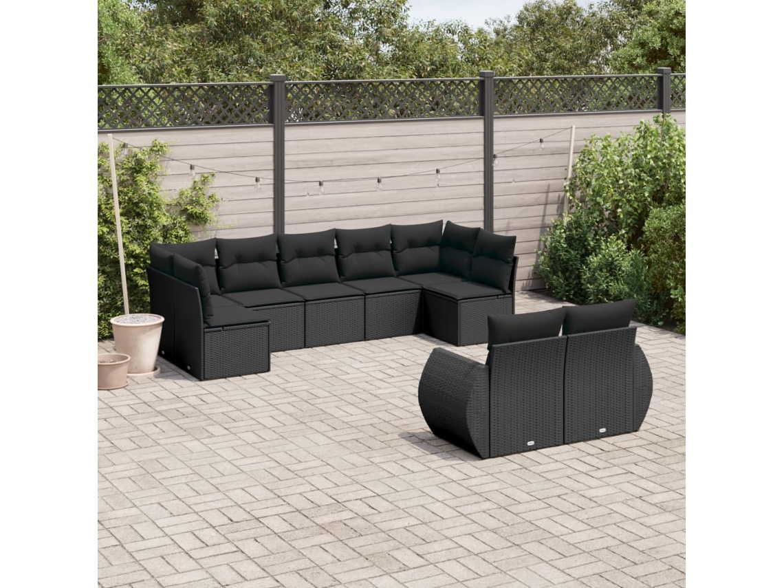 Vidaxl 9 Pcs Conjunto De Sofás P/ Jardim C/ Almofadões Vime Pe Preto