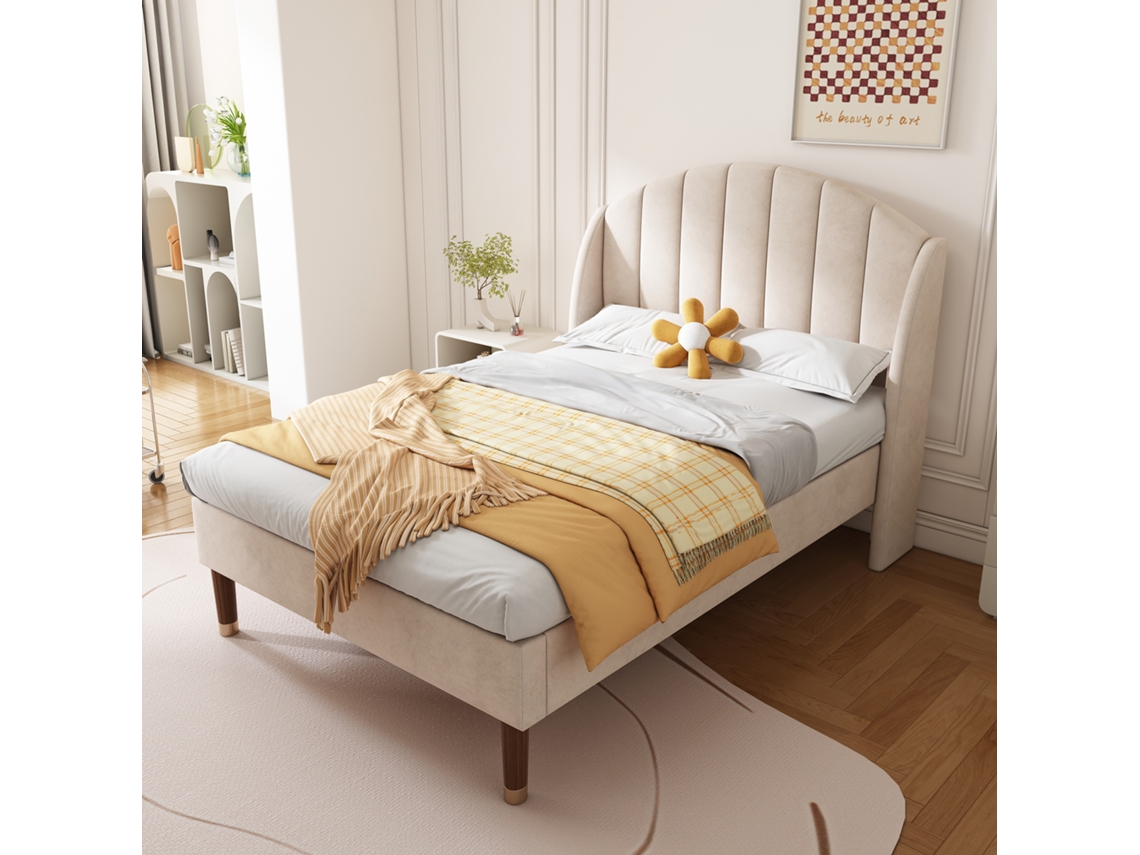 Cama estofada 90x200 cm com estrado de ripas, veludo bege, ideal para adolescentes VSOGA