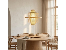Luminária Pendente Em Vime Ø45 Cm, Dupla Camada, Feita À Mão, Estilo Oriental Com Abajur De Bambu Em Forma De Flor De Lótus, E27