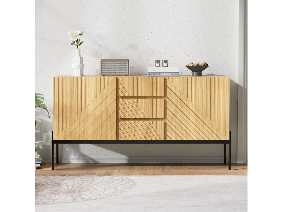 Cômoda Com 2 Portas E 3 Gavetas, Pés De Metal, Aparador Para Tv, Buffet, Design Com Linhas. Dimensões: A75 Cm X L140 Cm X P40 Cm.