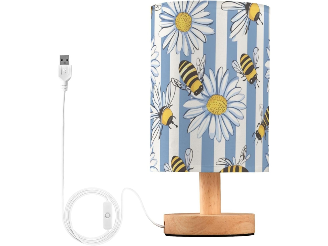 Luminária De Mesa Mnsruu Para Quarto E Sala Estar, Com Estampa De Margaridas Em Listras Azuis, Luminária De Cabeceira