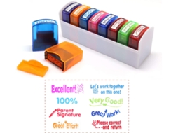 Conjunto De 8 Carimbos Coloridos Autoenfadados De Motivação Para Escola E Professores Com Bandeja