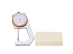 Medidor de espessura portátil com mostrador redondo, indicador manual, resolução de 0,1 mm, alcance de 0 a 30 mm e ponta afiada.