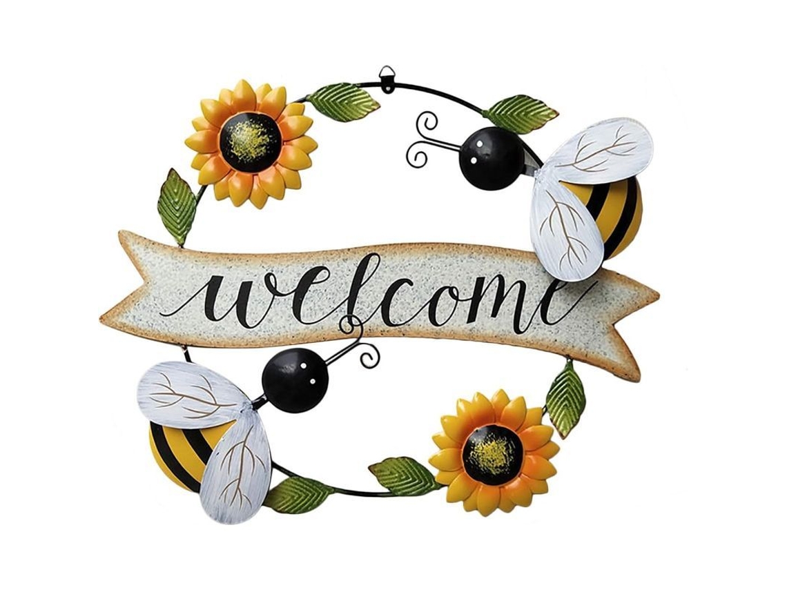 Plaque De Bienvenida De Metal Con Girasoles Y Abejas, Decoración Para Puerta O Interior