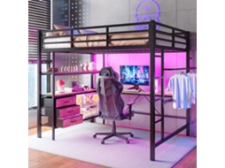 Cama alta metálica de 140x200 cm com iluminação LED, escrivaninha, entradas USB, gavetas, prateleiras, escada, colchão não incluído, preta VSOGA