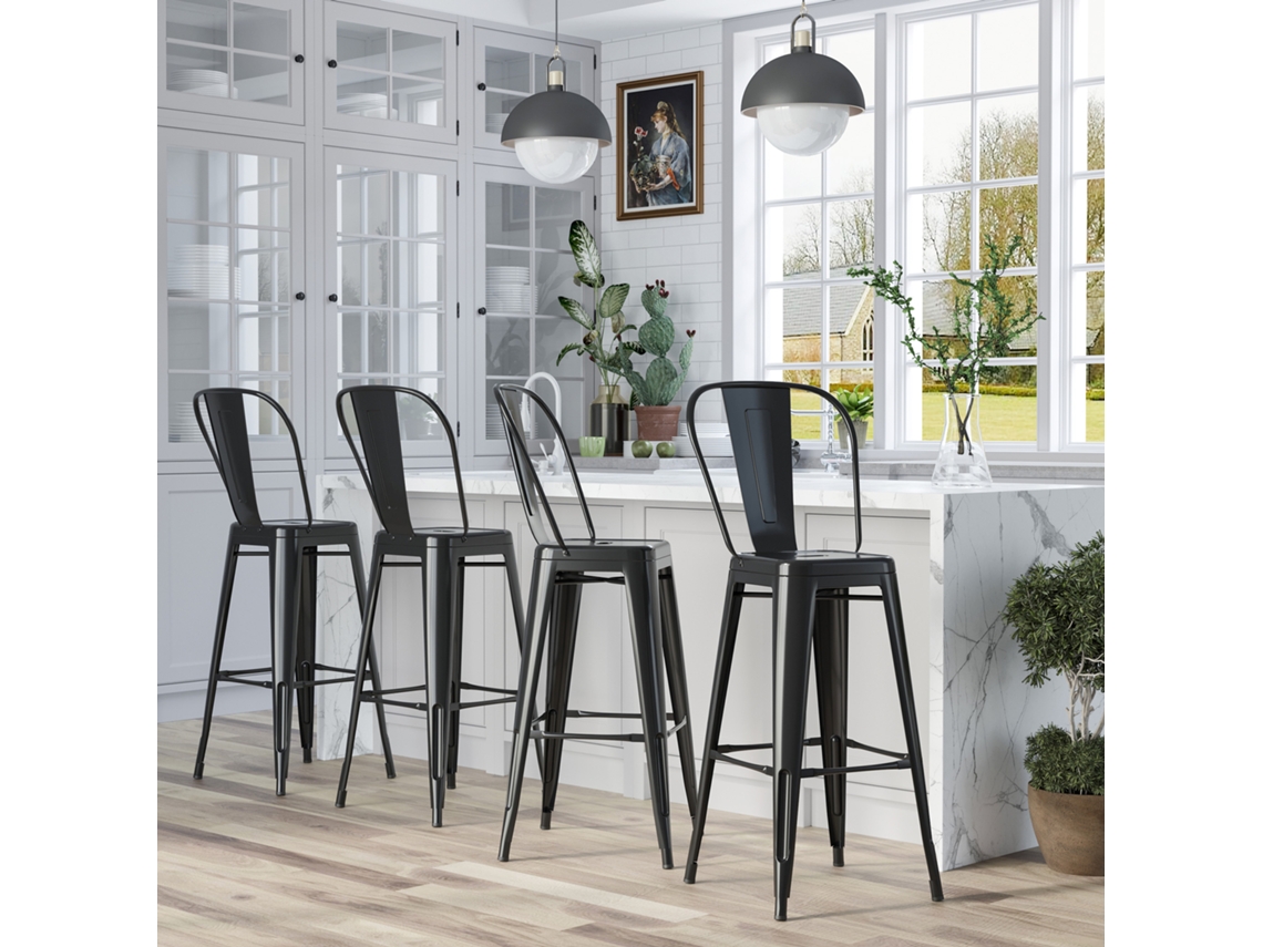 Conjunto de 4 Banquetas Altas em Metal com encosto elevado, suporte para os pés, suporta até 120kg (44x49x116 cm) em preto