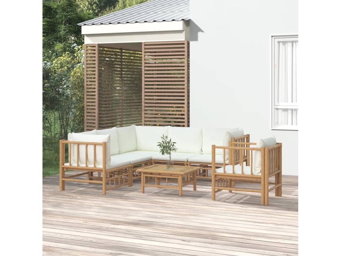 Pcs Conjunto Lounge De Jardim Bambu C/ Almofadões Branco Nata Dkd Home Decor