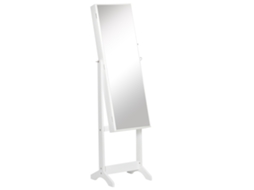 Espelho Joalheiro De Pé Com Ângulos Ajustáveis Fechadura Magnética Organizador De Joias Com Prateleiras 46x36,5x151,5cm Branco