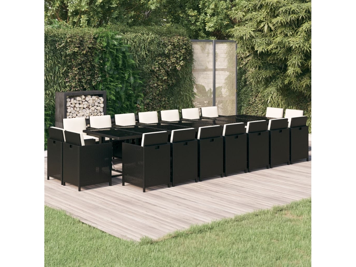 Vidaxl 19 Pcs Conjunto Jantar P/ Jardim C/ Almofadões Vime Pe Preto