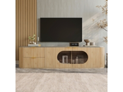 Móvel para TV KOMHTOM em madeira, múltiplos compartimentos, portas 3D ranhuradas, vitrine oval de vidro cinza, moderno e natural, 172x38x45,5 cm