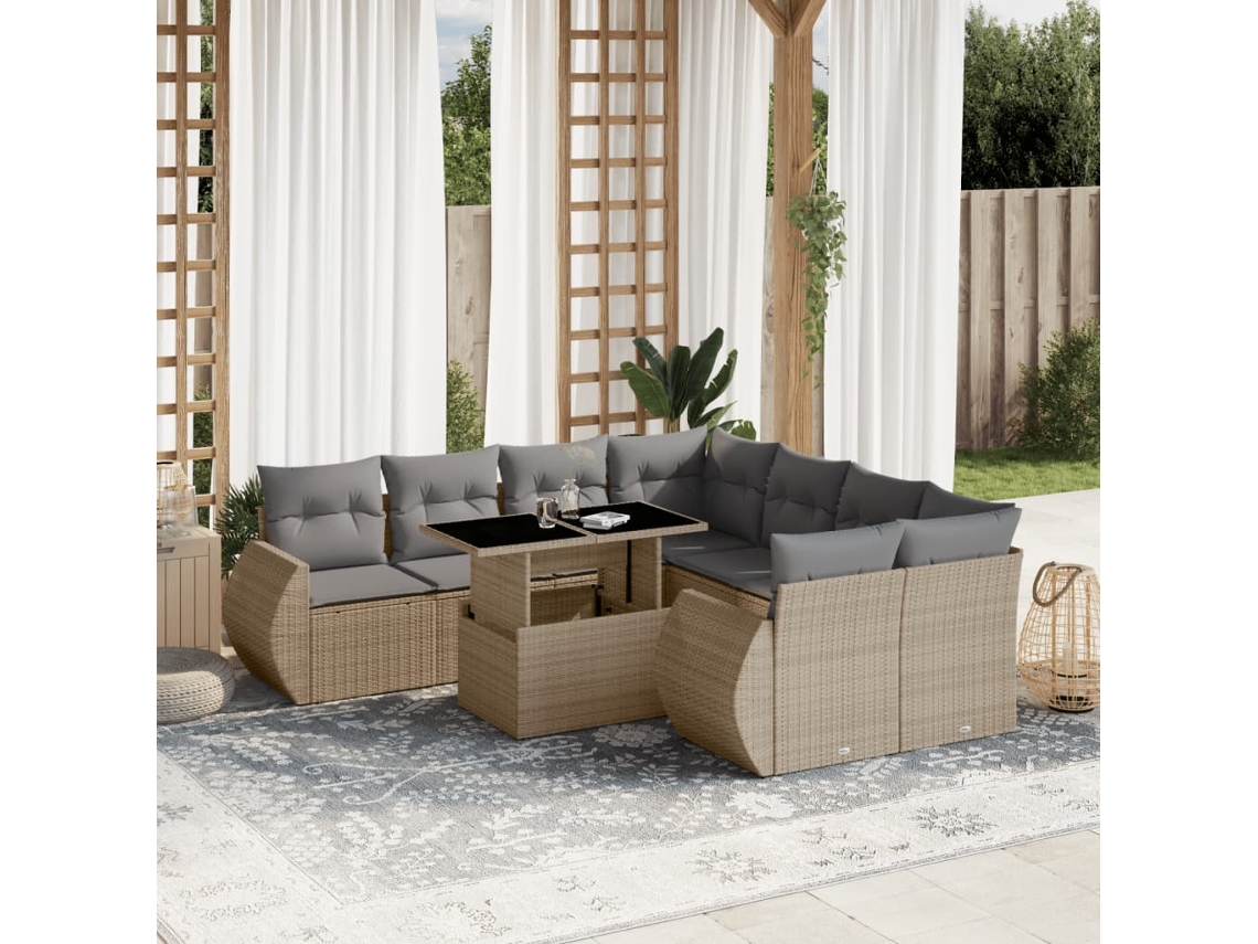Vidaxl 9 Pcs Conjunto De Sofás P/ Jardim Com Almofadões Vime Pe Bege