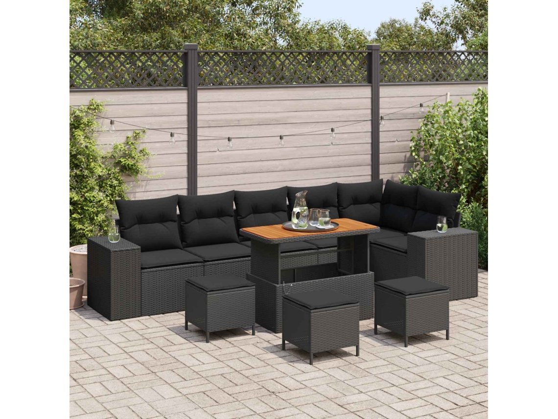 Vidaxl Conjunto de Sofá de Jardim com Almofada 10 Pcs Preto Vime Pe