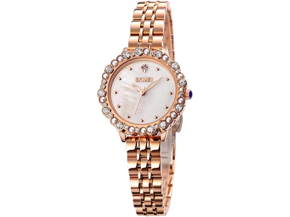 Relógio Feminino de Aço Inoxidável com Pérolas e Strass À Prova DÁgua Redondo e Versátil para Meninas-Rosa Ouro