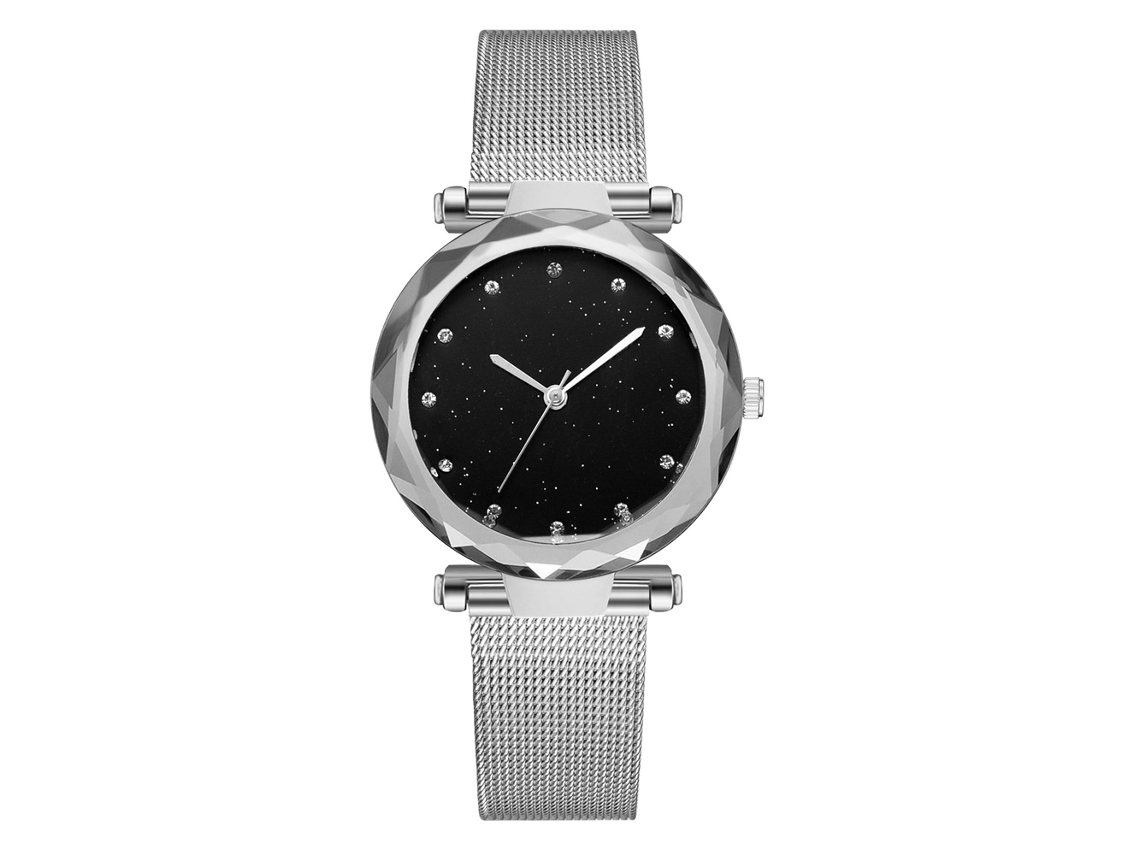 Relógio Feminino de Quartzo com Pulseira de Malha e Design Elegante Esfera Redonda Prata