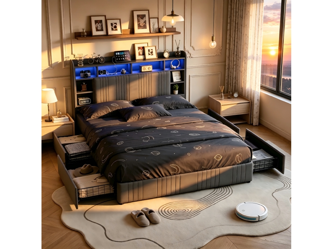 Cama Com Arrumação 140x200-cama De Casal Com Led-para 2 Pessoas Adultos-tomada Usb/tipo C Multifunções-cama Estofada Em Linho-colchão Não Incluído-mdf