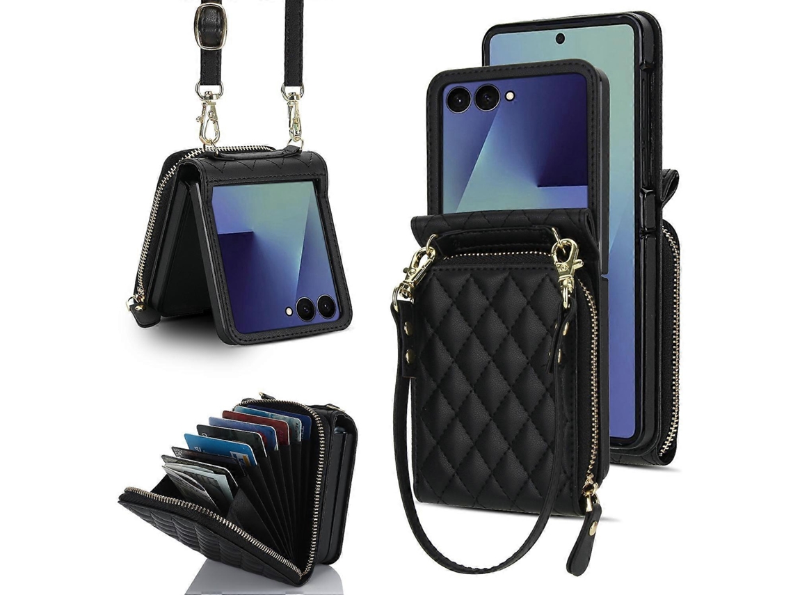 Capa De Couro Com Zíper Grande, Compartimento Para Cartão E Alça Transversal Para Samsung Galaxy Z Flip7 5g