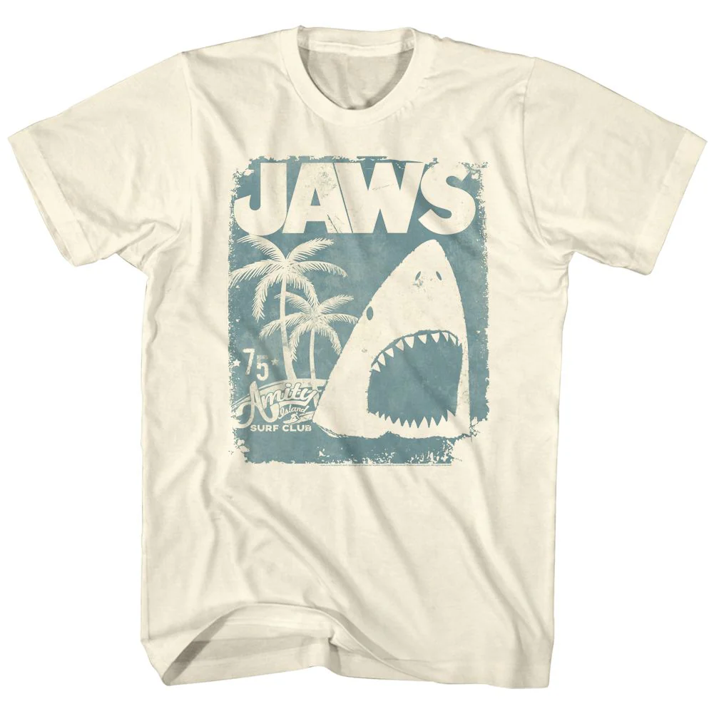 Unisex Adult T-shirt Rockinstone Jaws Movie Surf Club Poster Solid Natural Sizexxxl
