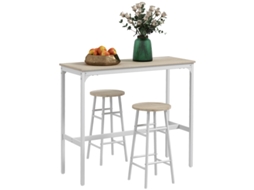 Mesa Alta De Bar Com 2 Banquetas,estrutura De Aço Resistente E Tampo Em Madeira Natural,ideal Para 2 Pessoas,cor Branca