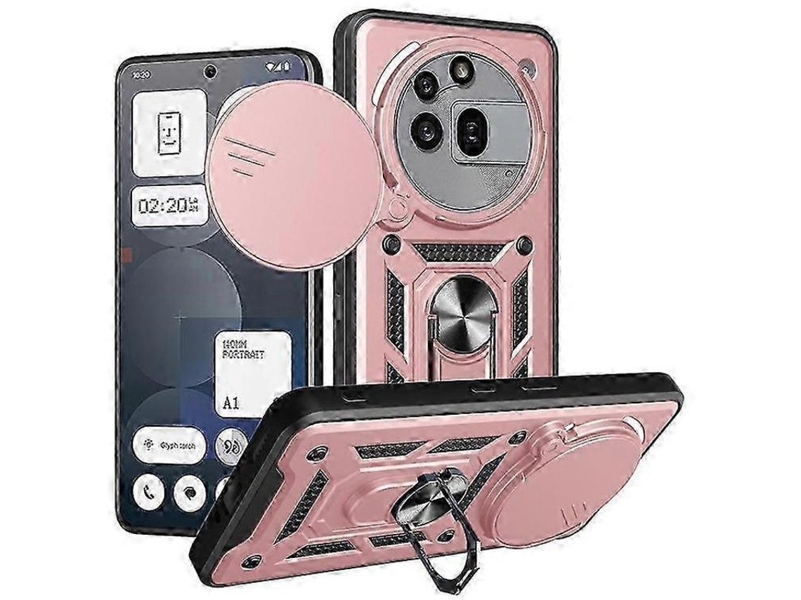 Capa Nothing Phone 3a Pro com protetor de câmera deslizante e suporte giratório em TPU/plástico, ouro rosa