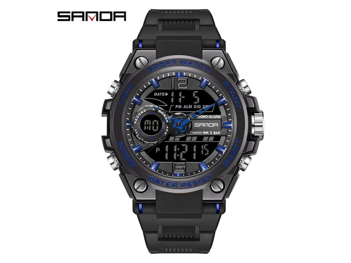 Relógio MDUG multifuncional luminoso, esportivo, à prova d'água, estilo harajuku (preto e azul masculino)