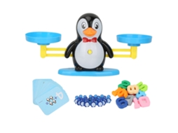 Jogo educativo de balança com pinguim para crianças: aprenda adição e subtração com a balança matemática.