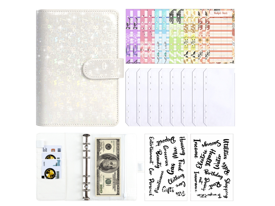 A6 Ring Binder Cash Budget Notebook With Laser Envelope, Financial Planner, White Cover, 8-zipper Pockets, New A6 Cash