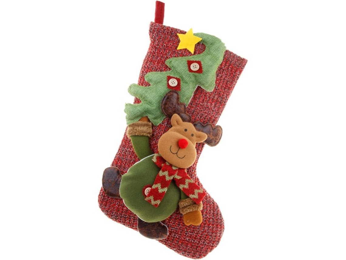 Meia de Natal Elk Grande com Desenhos de Papai Noel, Renas e Bonecos de Neve | S/MARCA