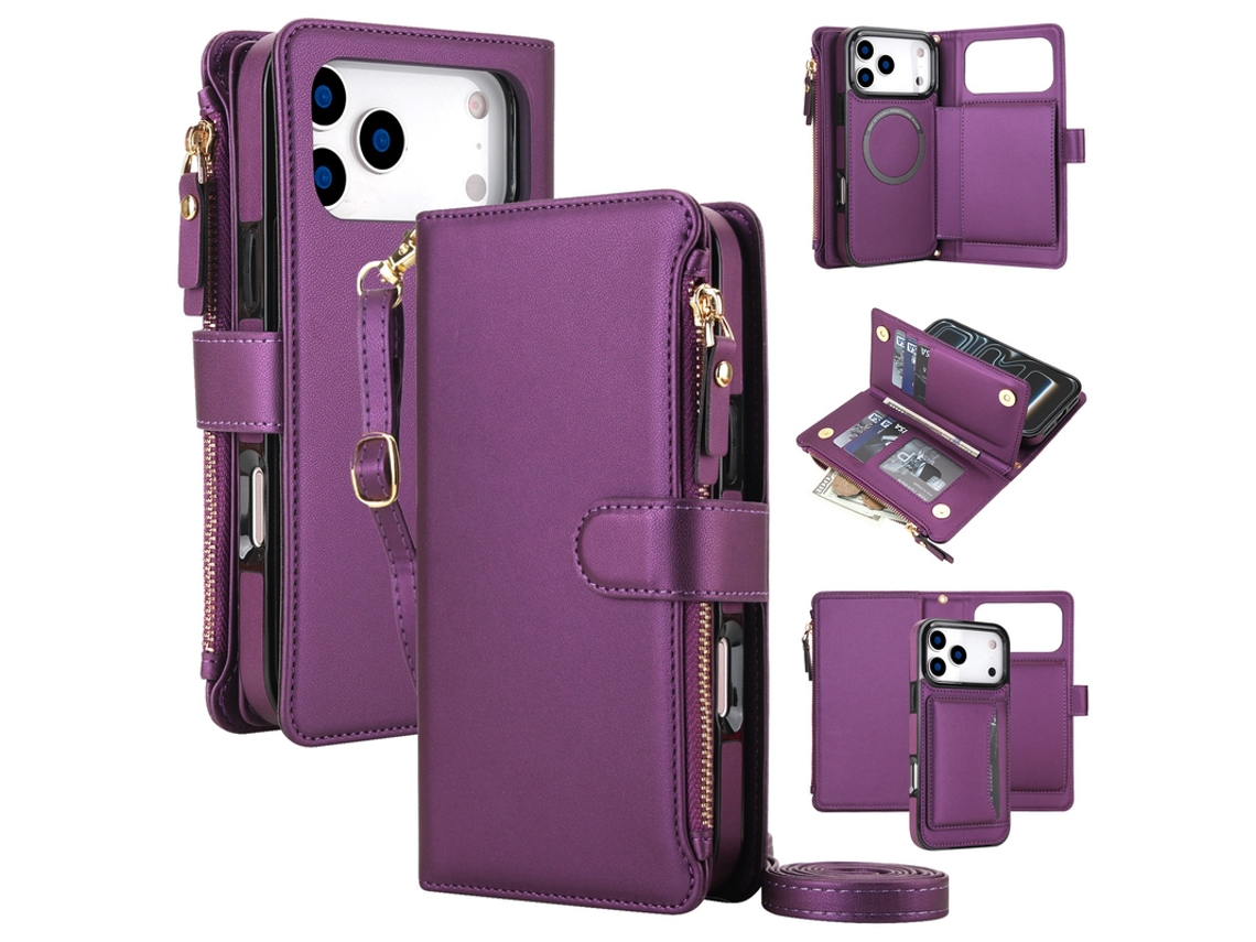 Capa Para Iphone 17 Pro Max Carteira Crossbody Zíper Roxo Czhhmart