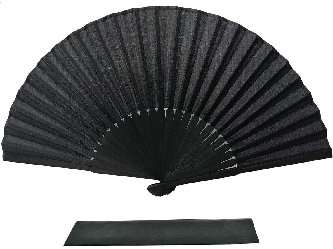 Leque Dobrável De Tecido De Seda Preto Com Estojo, Varetas De Bambu, Estilo Chinês Vintage