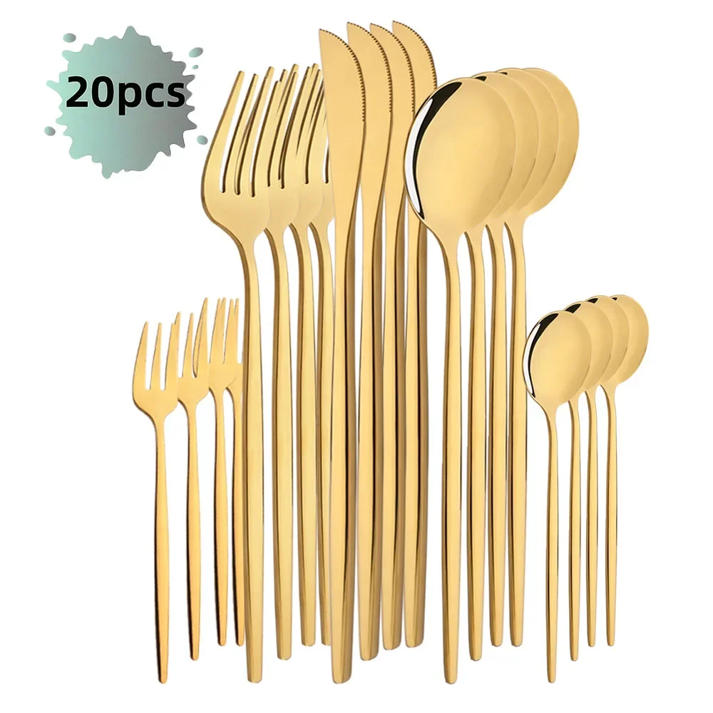 Talheres de Aço Inoxidável com Acabamento Polido Espelhado, Perfeitos para Casa, Restaurante e Casamento. MDUG (dourado, Conjunto de 20 Peças)
