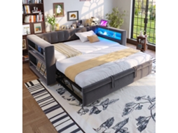 Cama Estofada 90/180×190 Cm, Com Led, Tomadas E Muito Espaço Sofá-cama Multifuncional, Solteiro, Cinza Escuro.